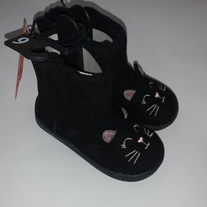 Wonder Nation little girls size 6 easy on boots with cat face, black